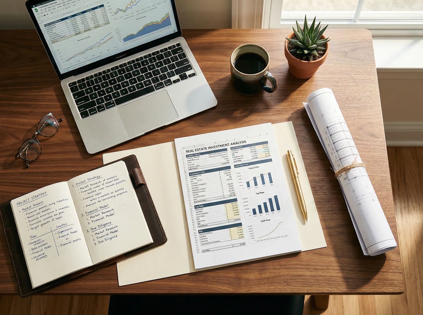 Scrivania con dashboard, quaderno di numeri e planimetrie