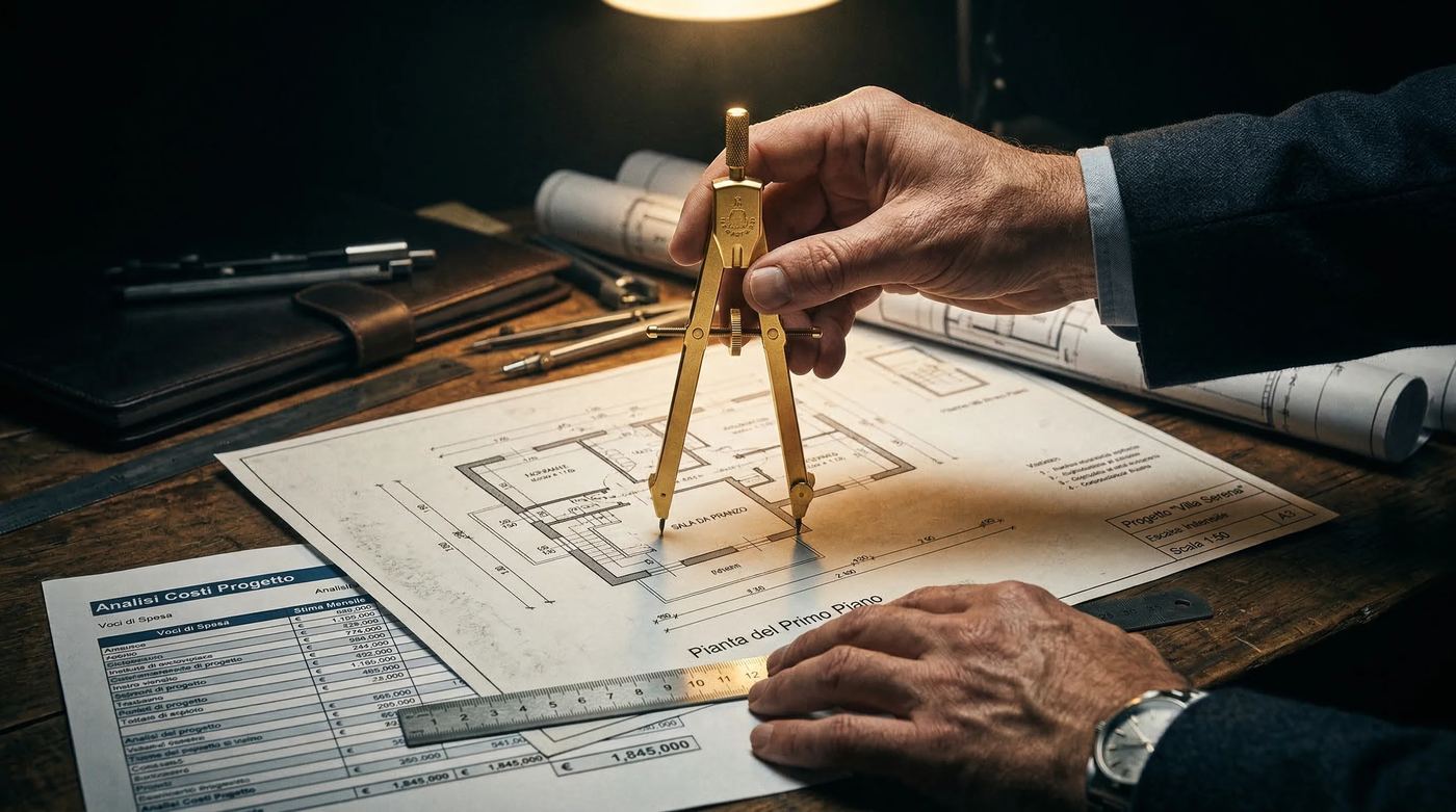 Mani con compasso sui disegni di un progetto