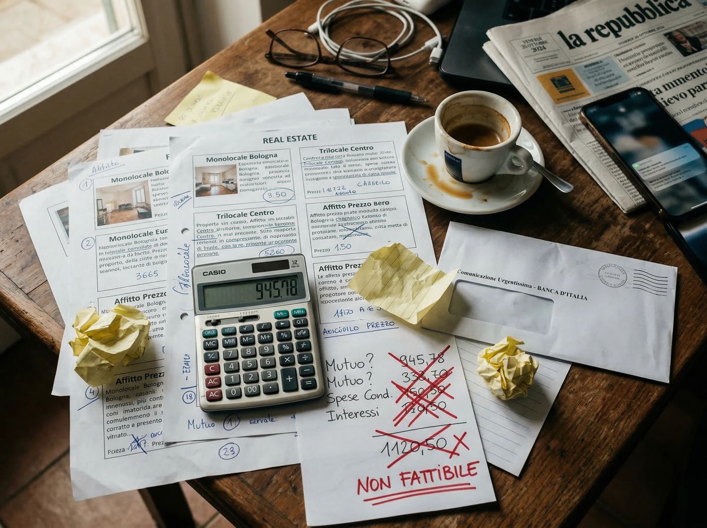Scrivania con annunci immobiliari, calcolatrice e la scritta NON FATTIBILE